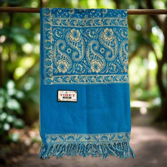 Sky Blue Wool Shawl – Handwoven Tibetan Paisley Wrap