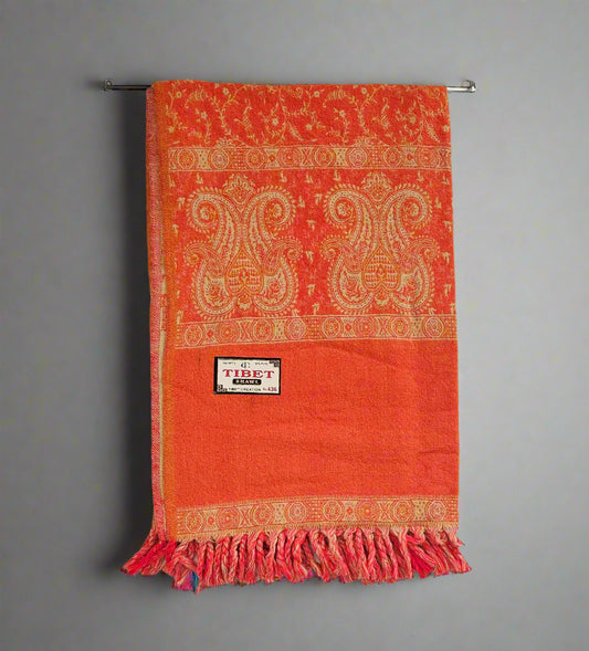 Saffron Orange Wool Shawl – Handwoven Tibetan Paisley Wrap