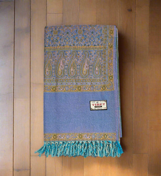 Dusty Blue & Mustard Wool Shawl – Handwoven Tibetan Paisley Wrap