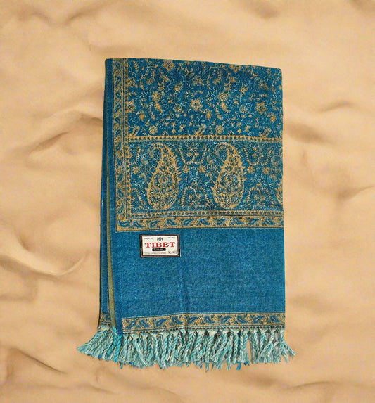Teal & Mustard Wool Shawl – Handwoven Tibetan Paisley Wrap