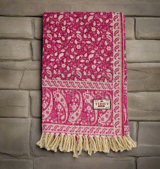 Raspberry Pink & Ivory Wool Shawl – Handwoven Reversible Tibetan Paisley Wrap