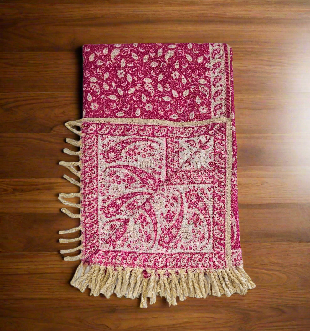 Raspberry Pink & Ivory Wool Shawl – Handwoven Reversible Tibetan Paisley Wrap