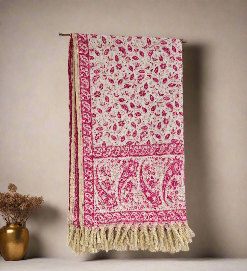 Raspberry Pink & Ivory Wool Shawl – Handwoven Reversible Tibetan Paisley Wrap
