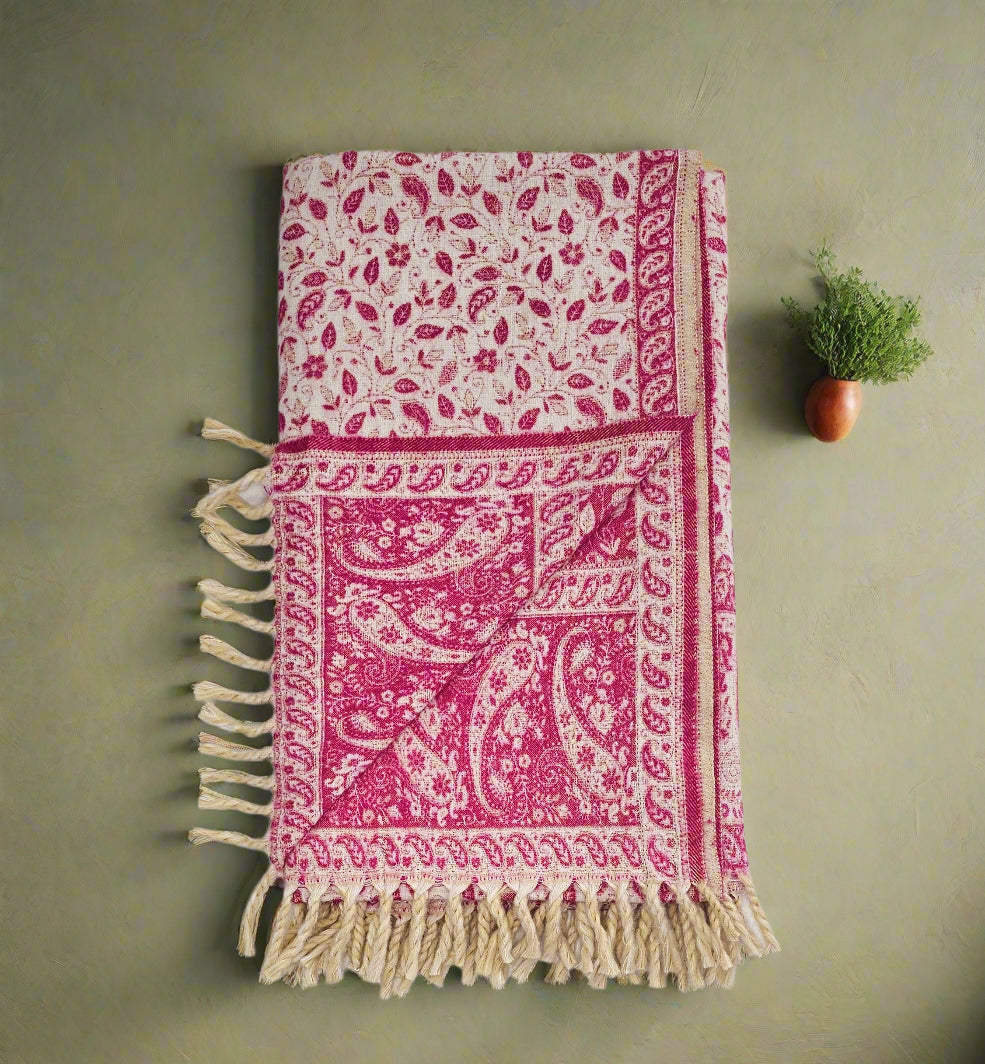 Raspberry Pink & Ivory Wool Shawl – Handwoven Reversible Tibetan Paisley Wrap