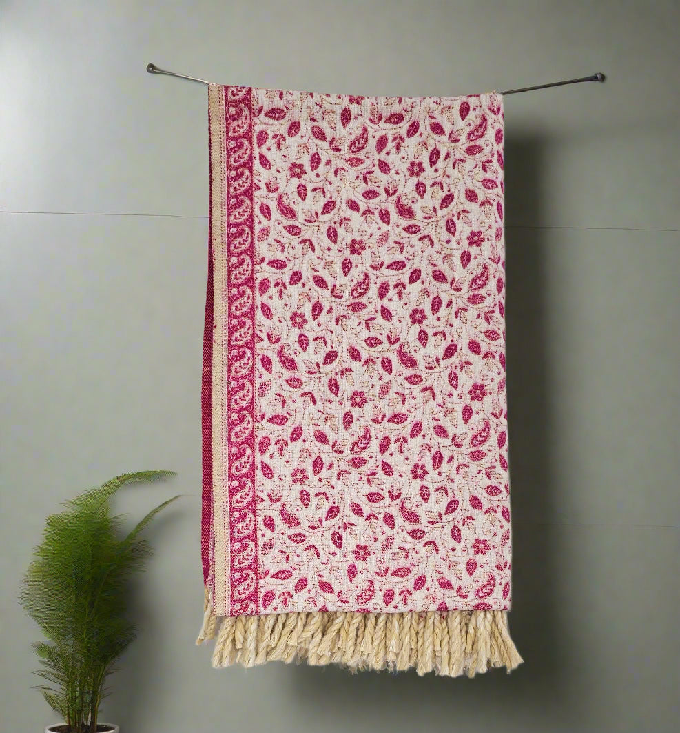 Raspberry Pink & Ivory Wool Shawl – Handwoven Reversible Tibetan Paisley Wrap