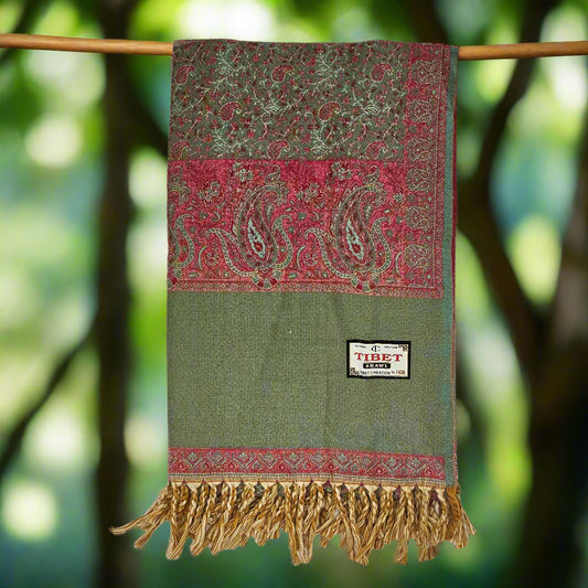 Olive Green & Brick Red Wool Shawl – Handwoven Tibetan Paisley Wrap