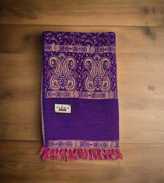 Purple & Cream Wool Shawl – Handwoven Tibetan Paisley Wrap