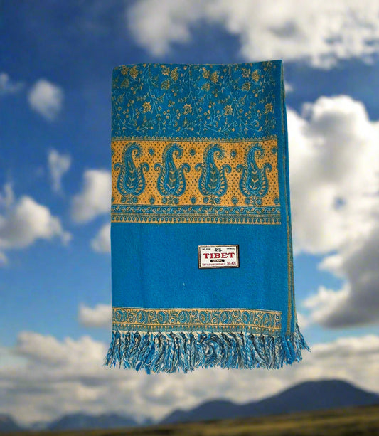 Blue & Golden Wool Shawl – Handwoven Tibetan Paisley Wrap
