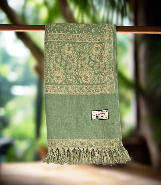 Sage Green & Beige Wool Shawl – Handwoven Tibetan Paisley Wrap
