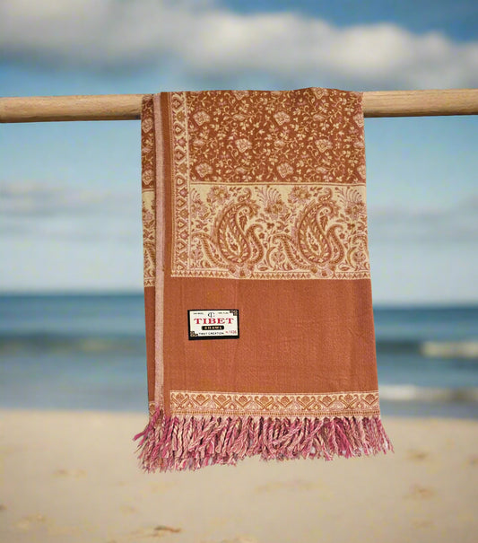 Rust & Cream Wool Shawl – Handwoven Tibetan Paisley Wrap