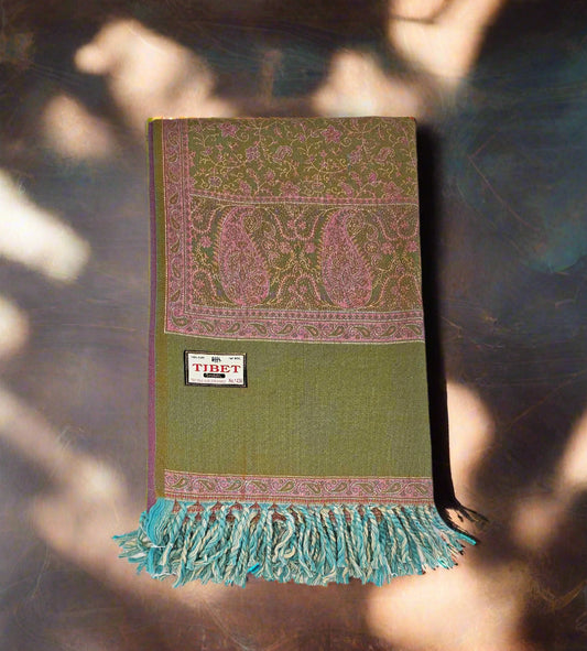 Olive Green & Rose Wool Shawl – Handwoven Tibetan Paisley Wrap
