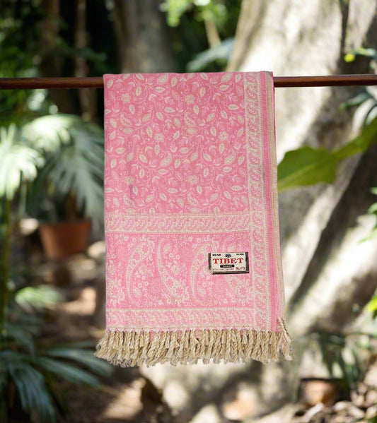 Baby Pink Wool Shawl – Handwoven Tibetan Paisley Wrap