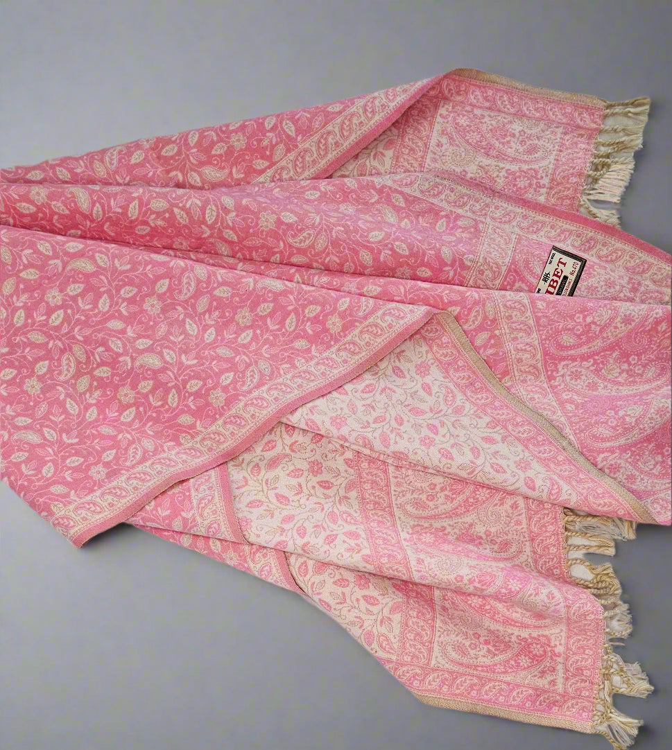 Baby Pink Wool Shawl – Handwoven Tibetan Paisley Wrap
