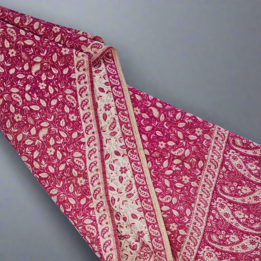 Raspberry Pink & Ivory Wool Shawl – Handwoven Reversible Tibetan Paisley Wrap