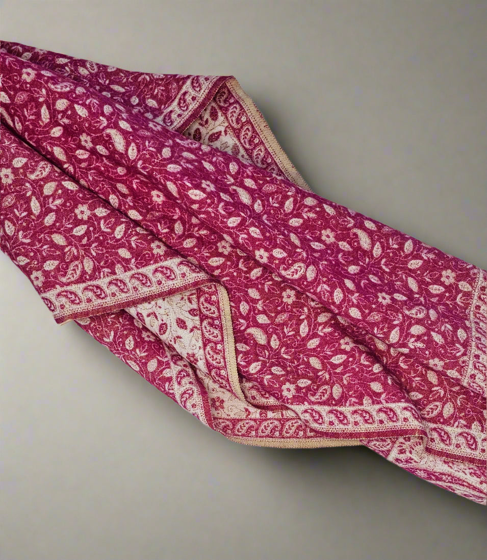 Raspberry Pink & Ivory Wool Shawl – Handwoven Reversible Tibetan Paisley Wrap
