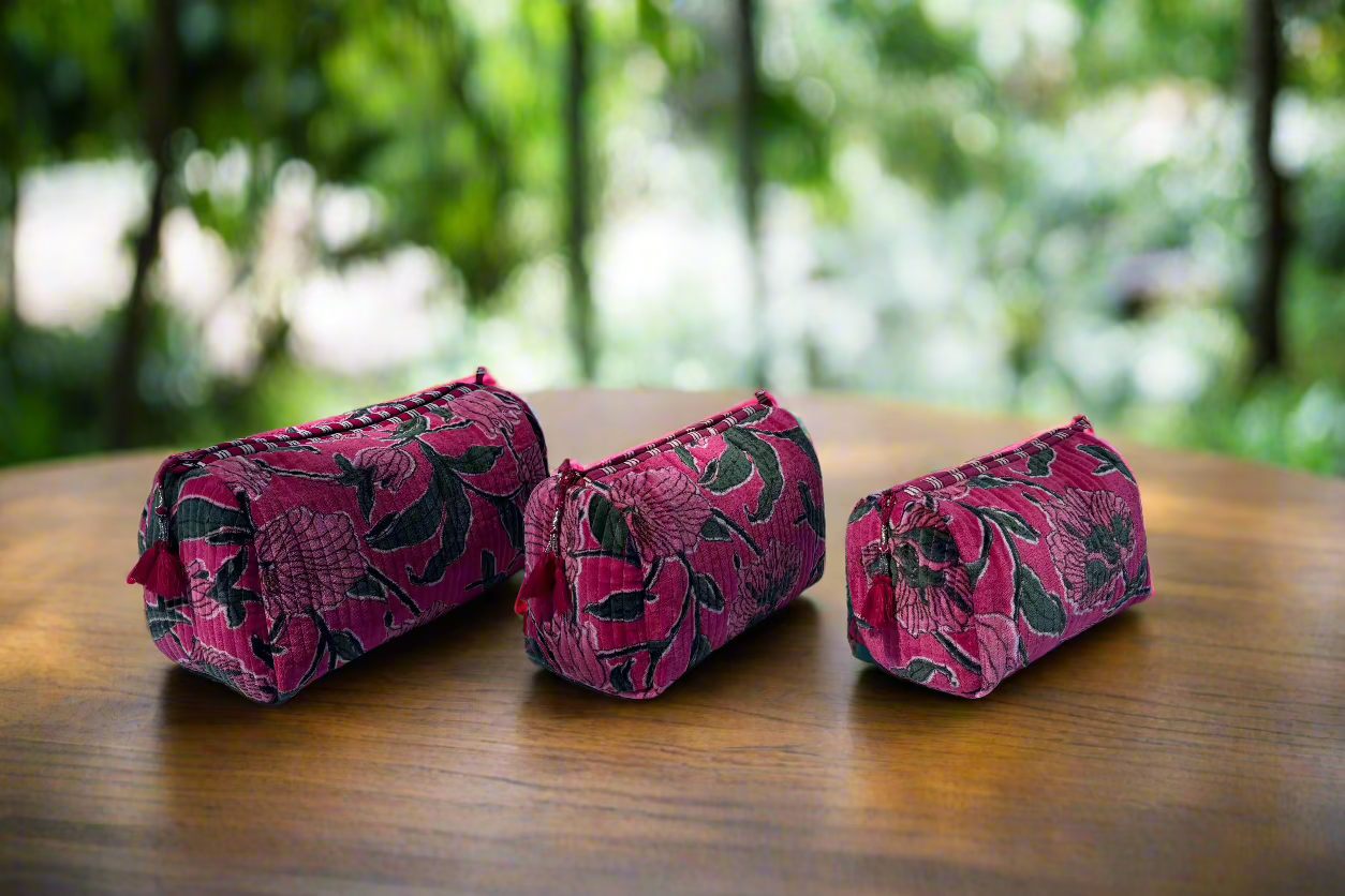 Pink Flower Velvet 3 Piece Travel Set