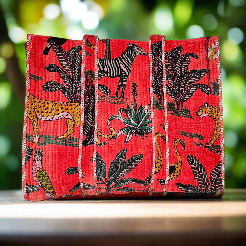 Tiger Jungle Quilted Velvet Tote Bag - Red Orange - Handcrafted & Reversible | Artisan-Made in India