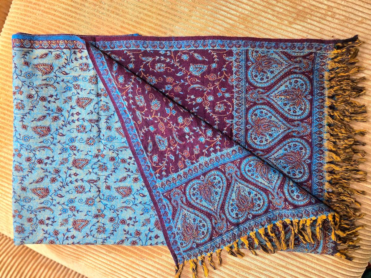 Brown & Teal handwoven yak wool shawl wrap, corner and fringe