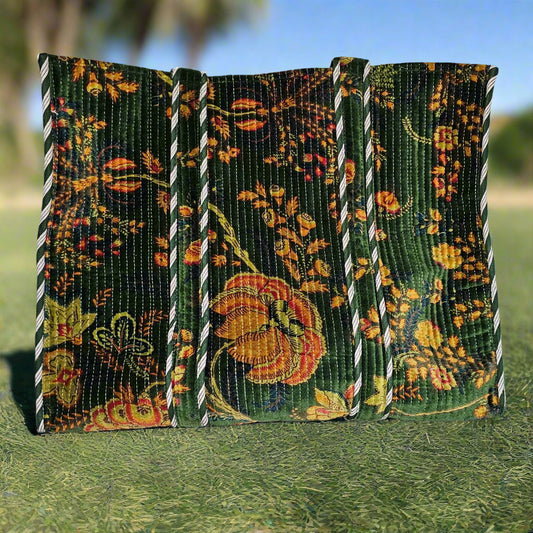 green quilted big velvet tote bag