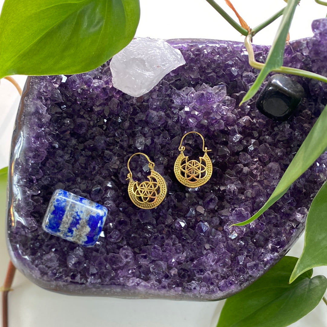Sacred Seed of Life Brass Earrings – Geometric Elegance