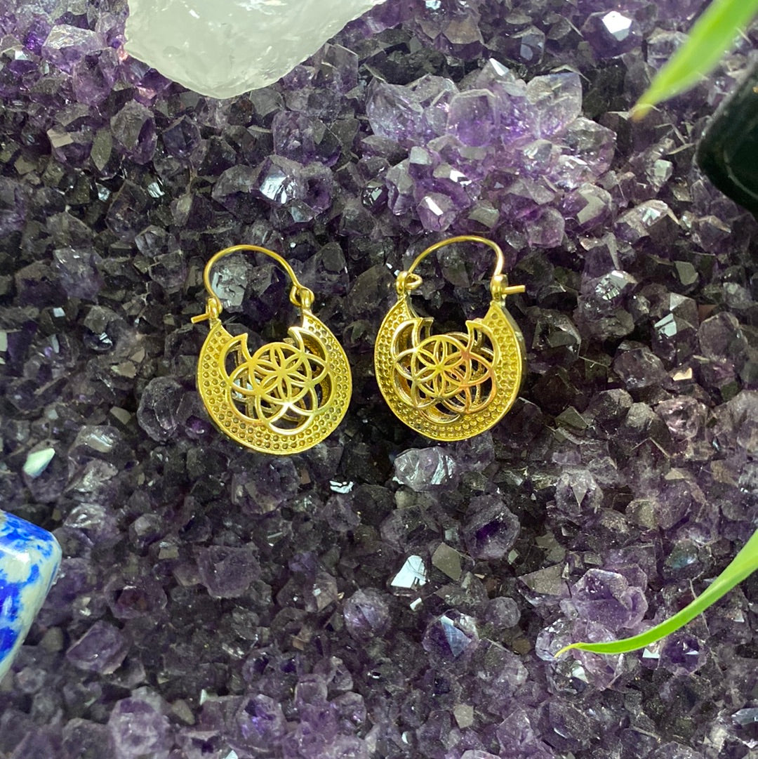 Sacred Seed of Life Brass Earrings – Geometric Elegance