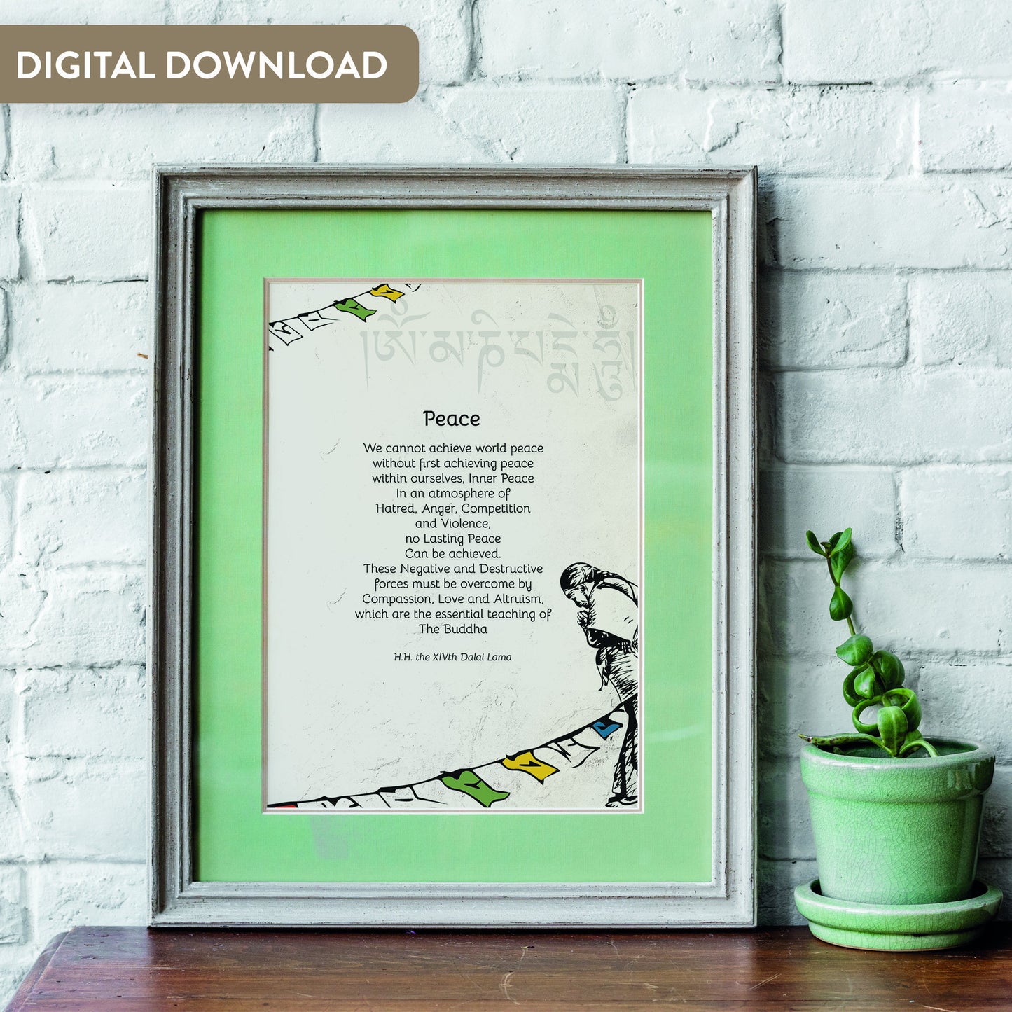 Quotes Prints for Cards, Wall art, Posters. "Peace" Wisdom quotes by HH the Dalai Lama for instant download