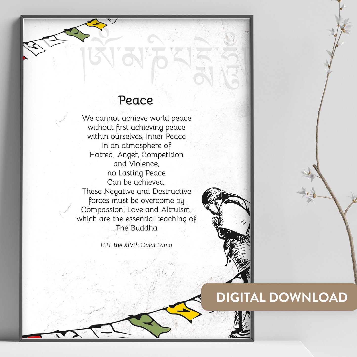 Quotes Prints for Cards, Wall art, Posters. "Peace" Wisdom quotes by HH the Dalai Lama for instant download