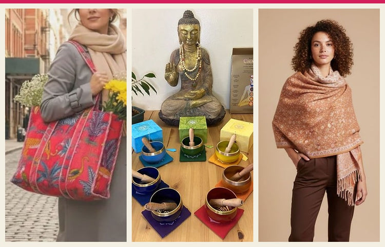 A woman carrying a pink velvet tote, seven chakra singing bowls with a Buddha, and a woman wrapped in a peach paisley shawl.