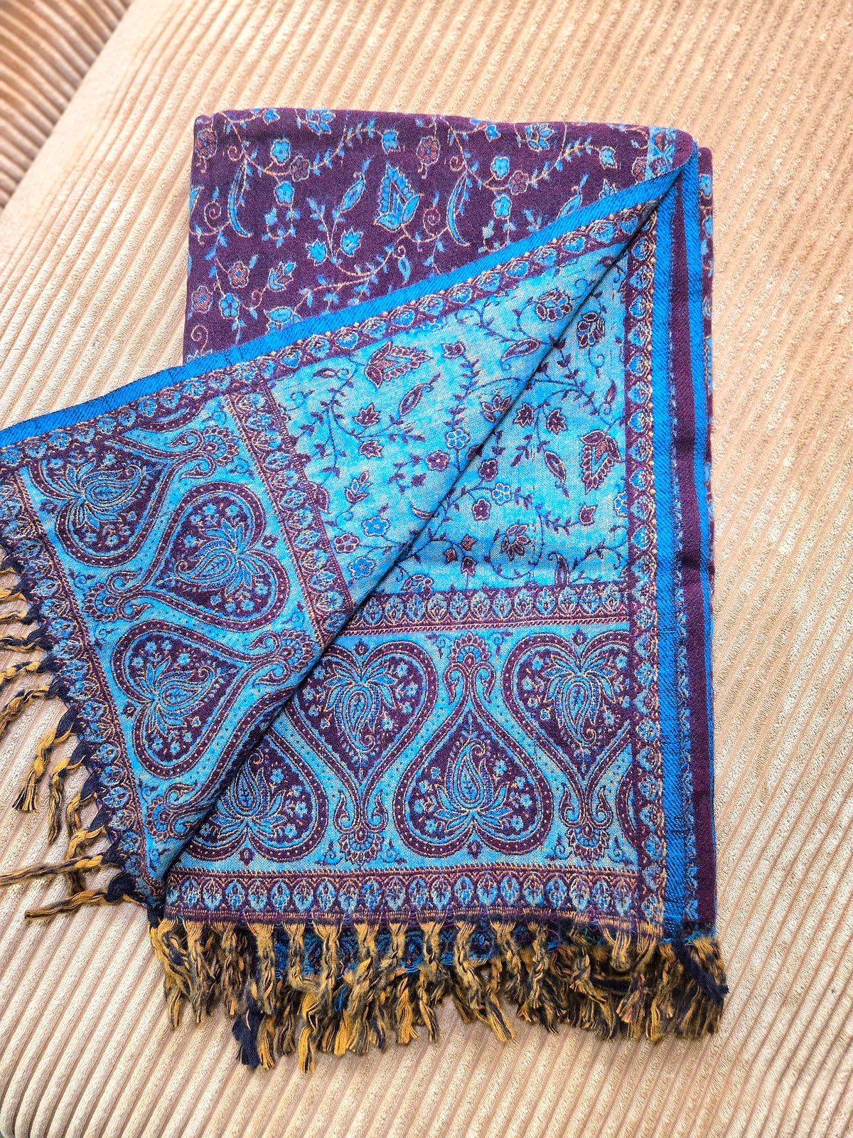 Brown & Teal handwoven yak wool shawl wrap, folded