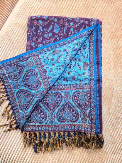 Brown & Teal handwoven yak wool shawl wrap, folded