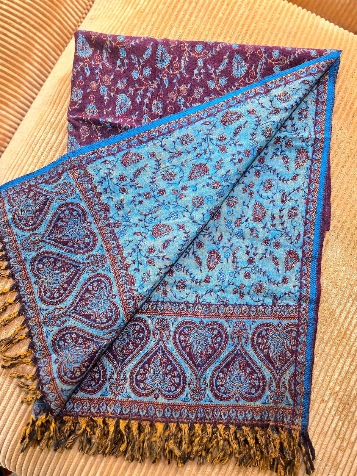 Brown & Teal handwoven yak wool shawl wrap, paisley detail