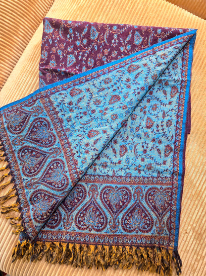 Brown & Teal handwoven yak wool shawl wrap, paisley detail