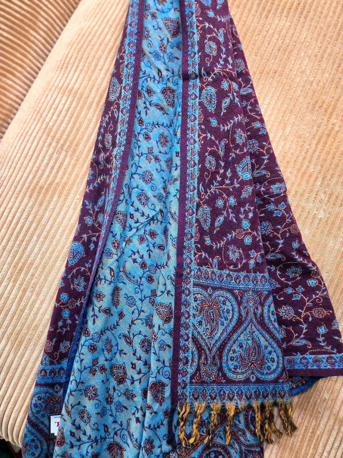 Brown & Teal handwoven yak wool shawl wrap, draped