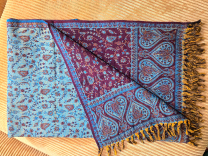 Brown & Teal handwoven yak wool shawl wrap, corner and fringe