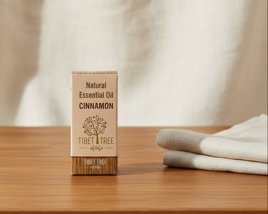 Cinnamon essential oil in its printed Tibet Tree of Life box, 10ml