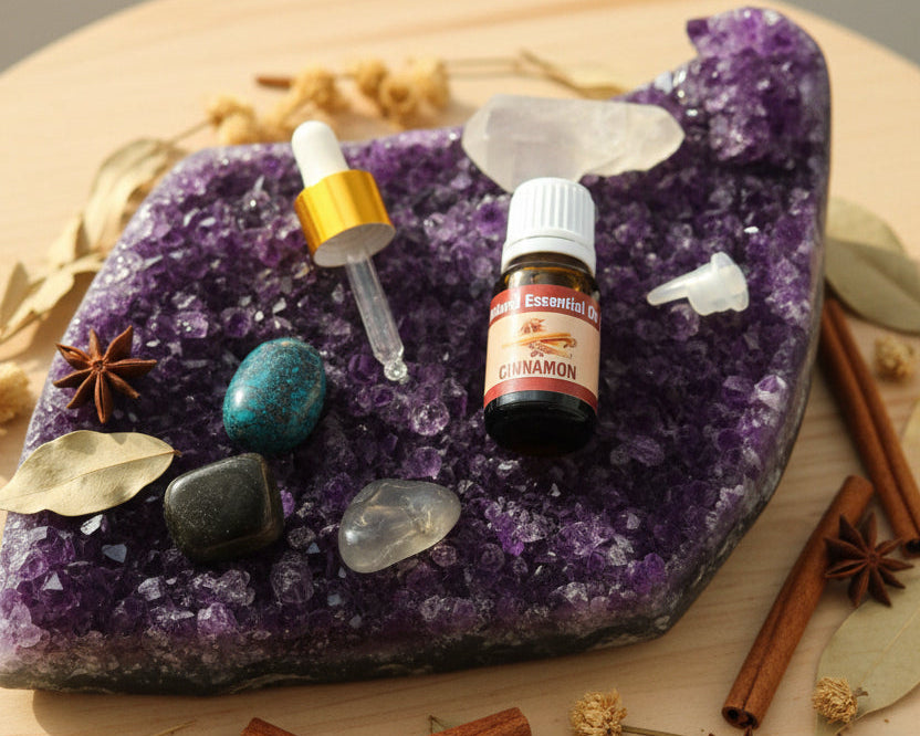 Cinnamon essential oil with the glass dropper and drop reducer on amethyst