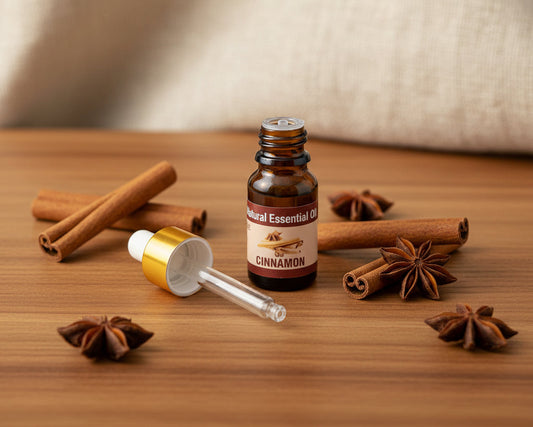 Cinnamon essential oil bottle with the glass pipette dropper and push-in drop reducer