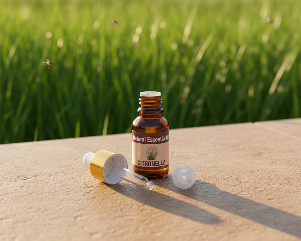 Citronella essential oil bottle with the glass pipette dropper and push-in drop reducer