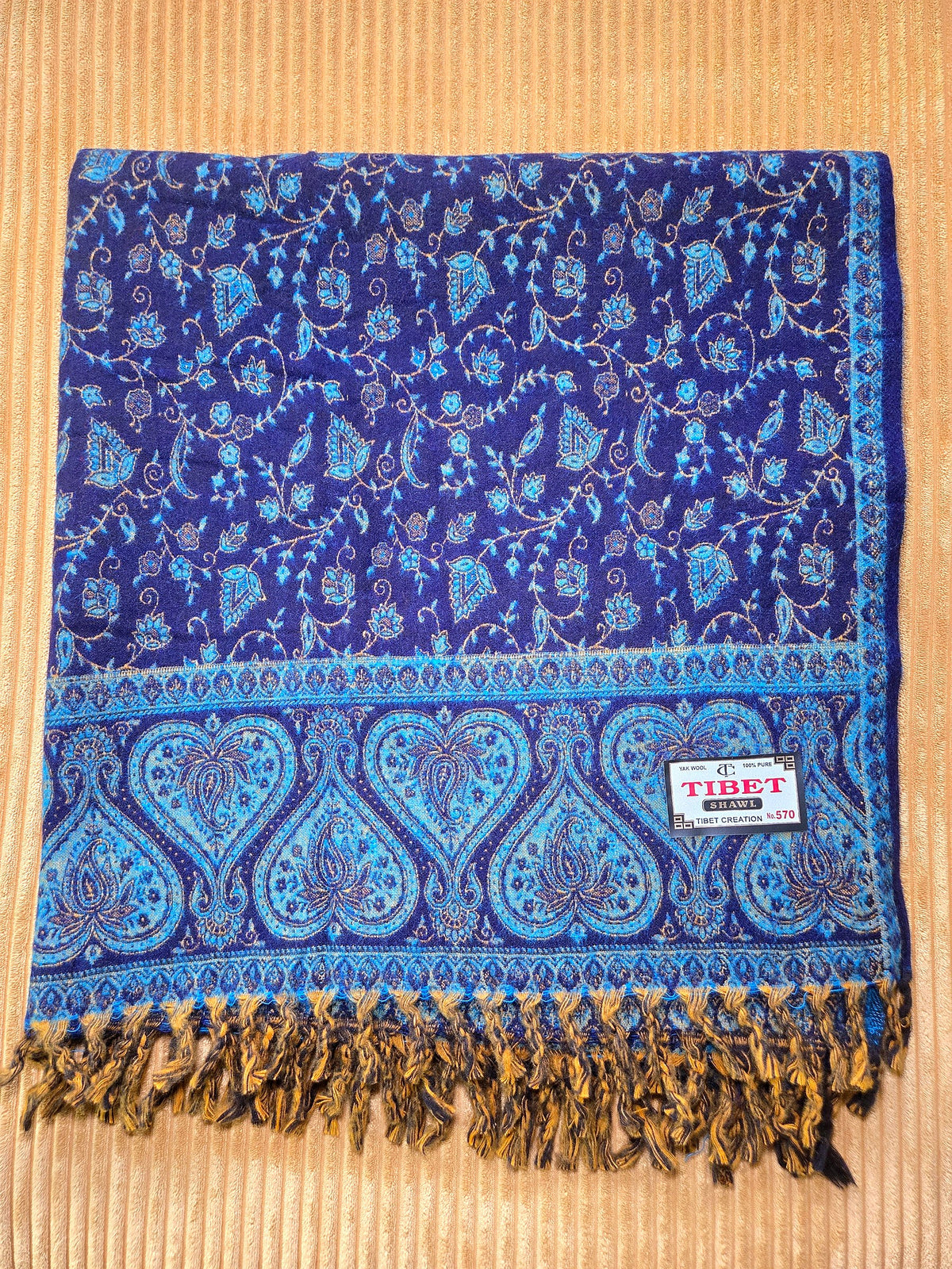 Deep Blue handwoven yak wool shawl wrap, paisley border