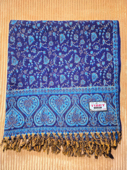 Deep Blue handwoven yak wool shawl wrap, paisley border