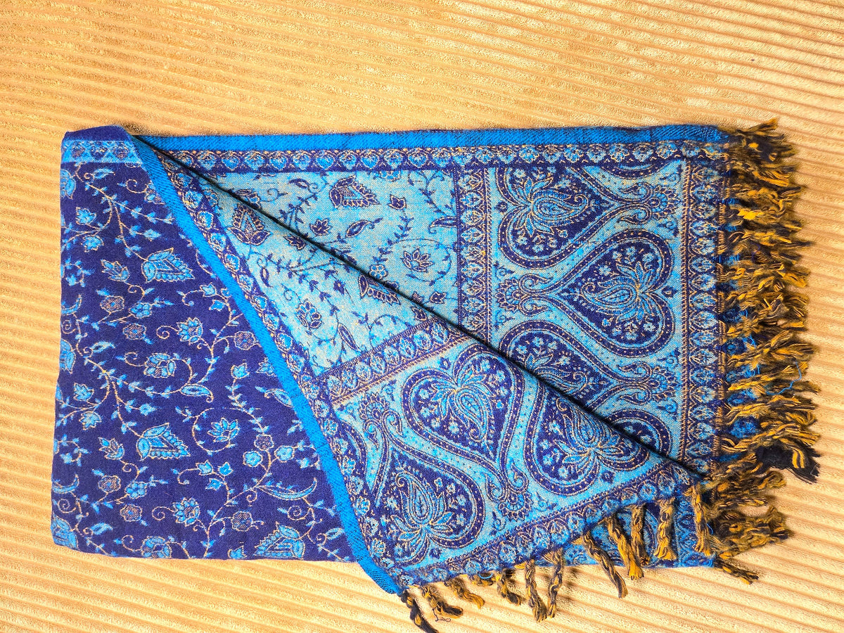 Deep Blue handwoven yak wool shawl wrap, draped