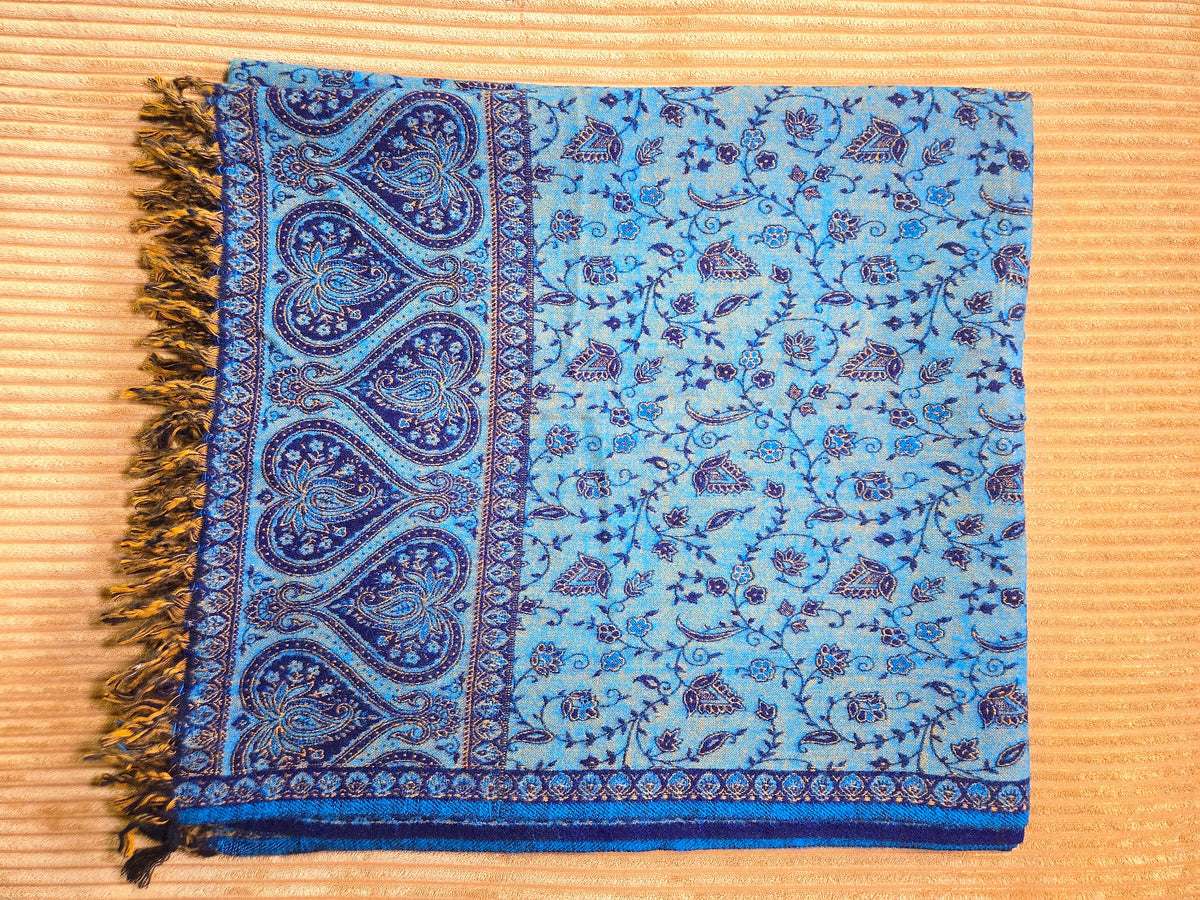 Deep Blue handwoven yak wool shawl wrap, fringe detail