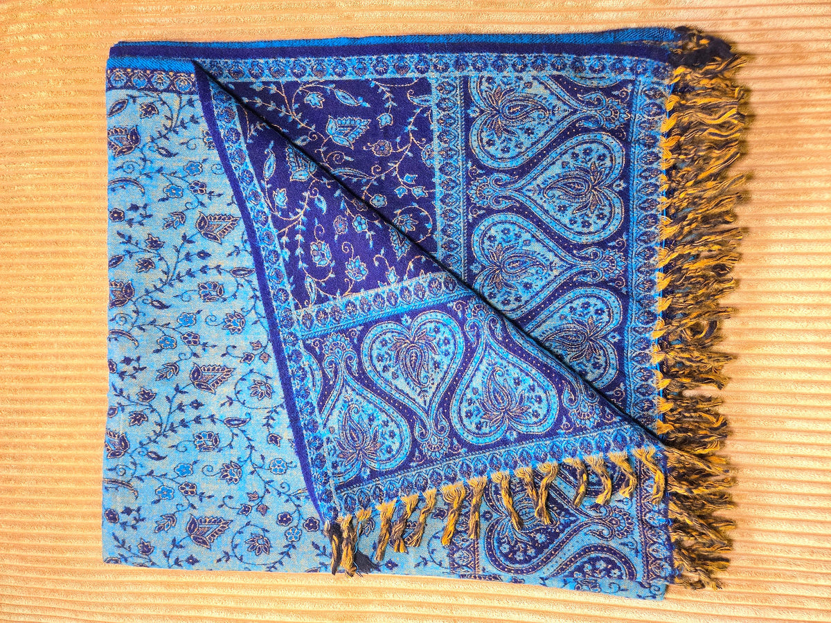 Deep Blue handwoven yak wool shawl wrap, reverse side