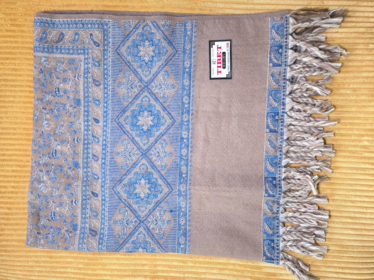 Denim Blue handwoven yak wool shawl wrap, border detail