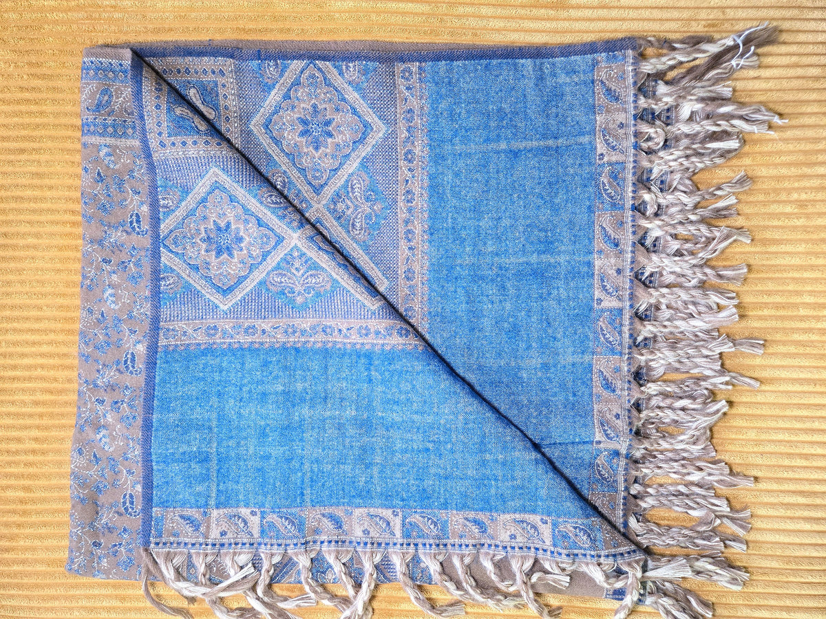 Denim Blue handwoven yak wool shawl wrap, draped
