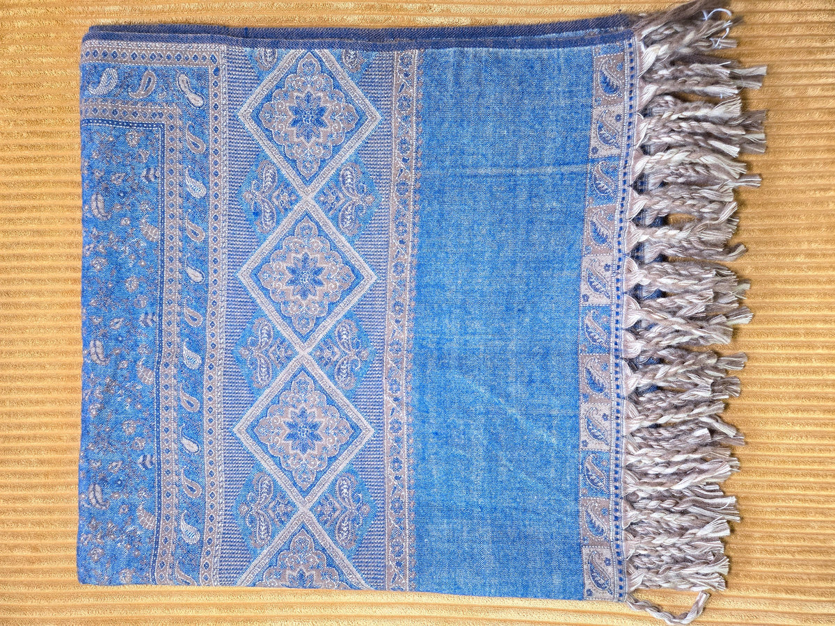 Denim Blue handwoven yak wool shawl wrap, fringe