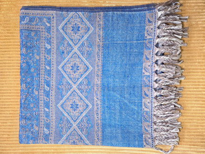 Denim Blue handwoven yak wool shawl wrap, fringe