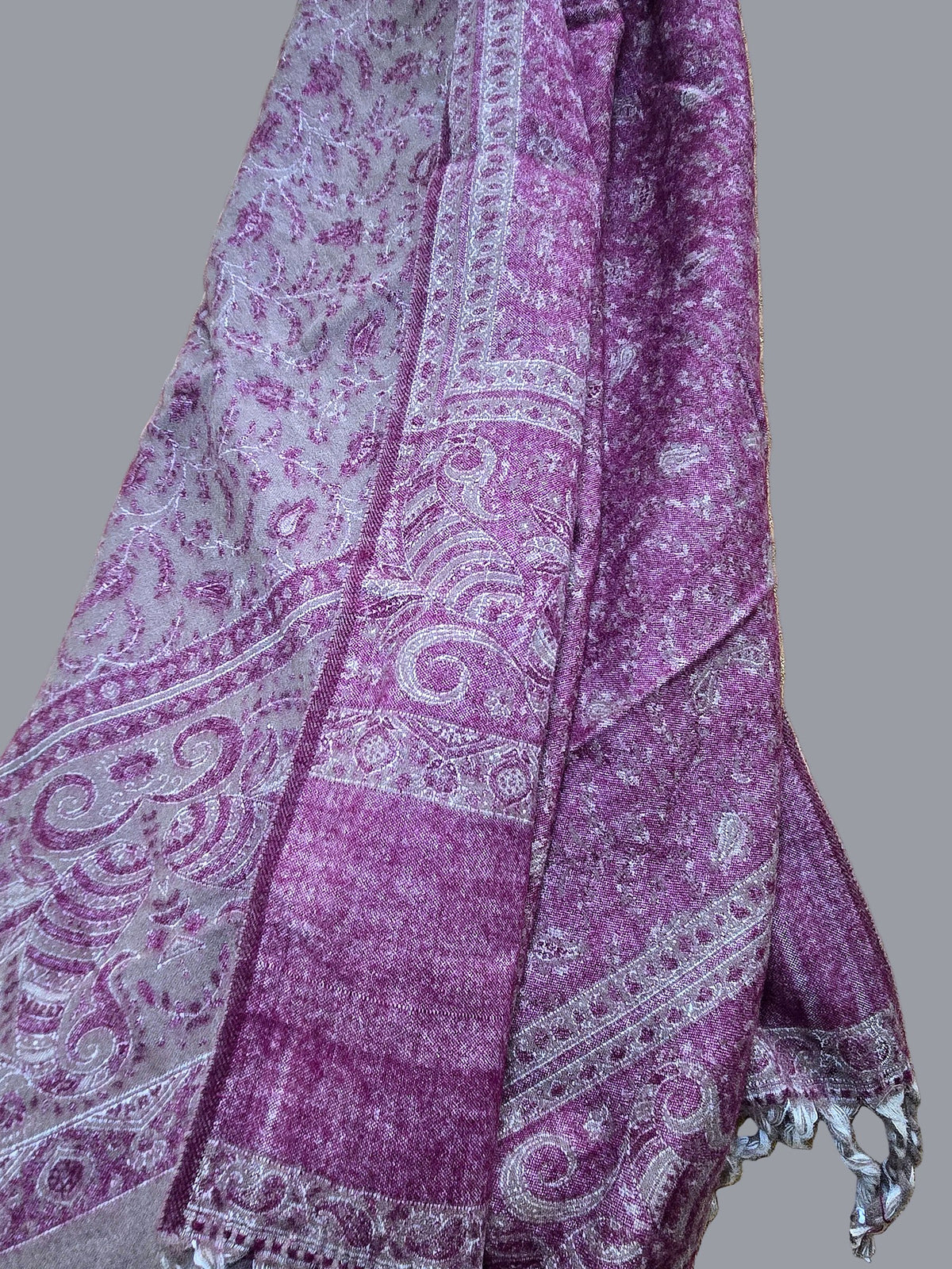 Earthy Burgundy handwoven yak wool shawl wrap, draped