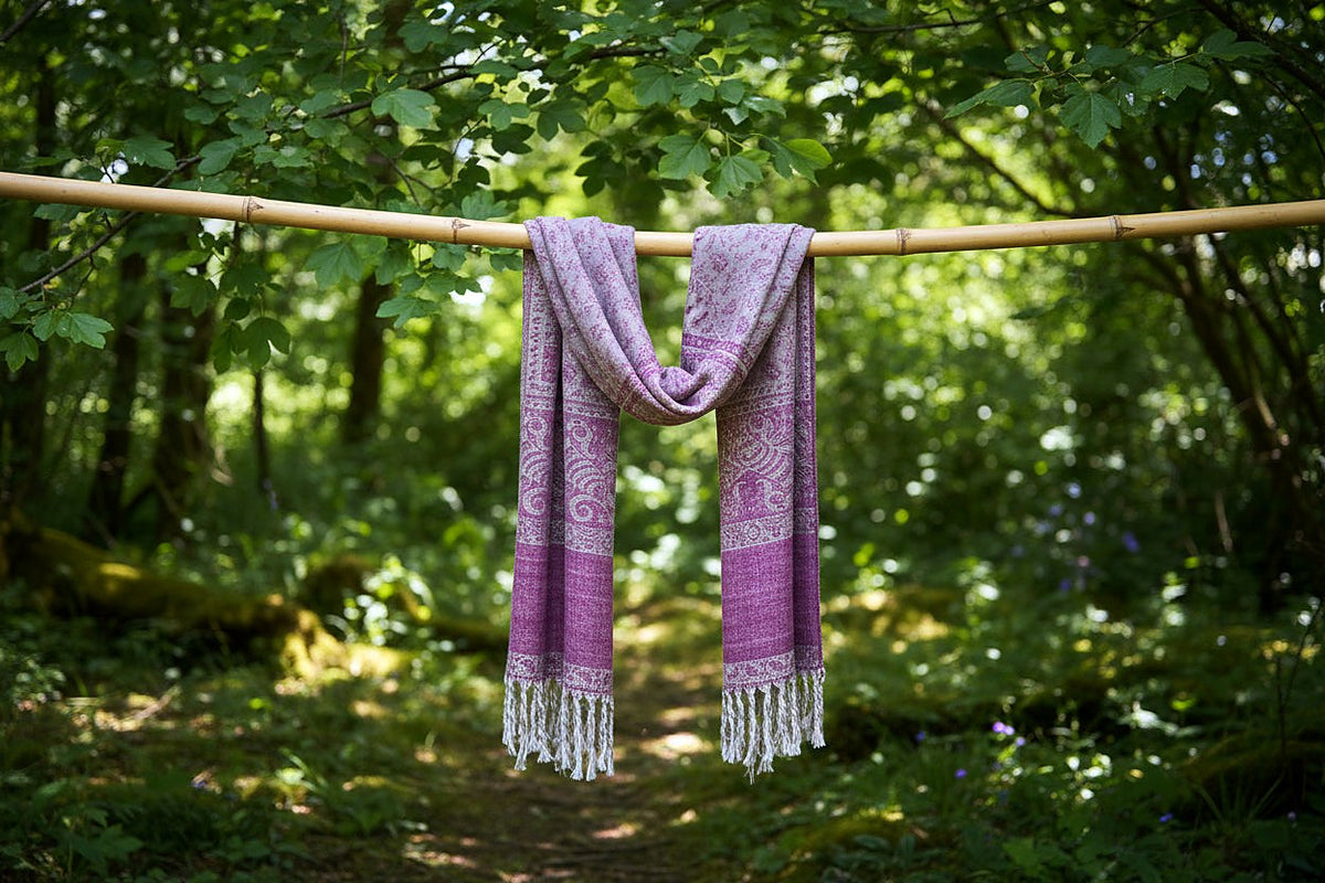 Earthy Burgundy handwoven yak wool shawl wrap, outdoors