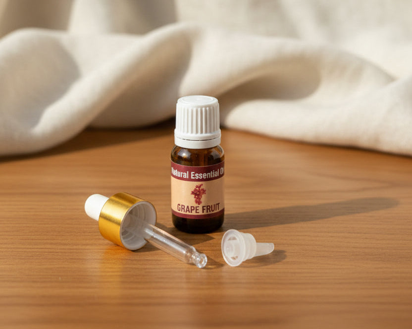 Grapefruit essential oil bottle with the glass pipette dropper and push-in drop reducer